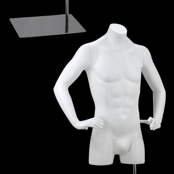 Buste homme blanc avec bras et base chromee rectangulaire incluse